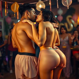 A sensual scene featuring Nushrat Bharucha at a lively house party, giving an intimate lap dance to her boyfriend