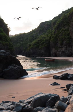 A serene coastal cove at sunset, with gentle waves lapping against smooth, sandy shores
