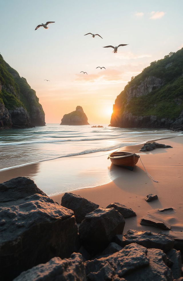 A serene coastal cove at sunset, with gentle waves lapping against smooth, sandy shores