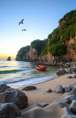 A serene coastal cove at sunset, with gentle waves lapping against smooth, sandy shores