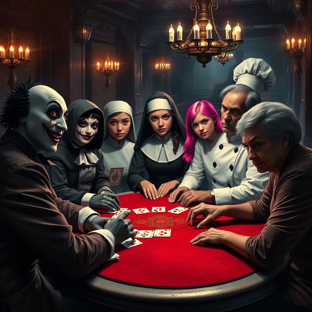 An unsettling poker game in a sinister casino, featuring a diverse group of characters