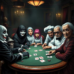 An unsettling poker game in a sinister casino, featuring a diverse group of characters