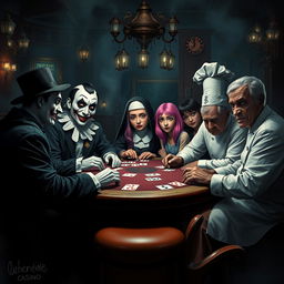 An unsettling poker game in a sinister casino, featuring a diverse group of characters
