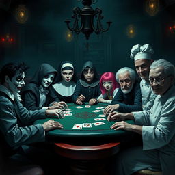 An unsettling poker game in a sinister casino, featuring a diverse group of characters