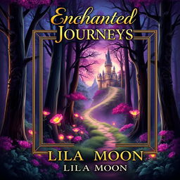 A captivating book cover design that features a mystical forest with towering trees and vibrant, glowing flowers