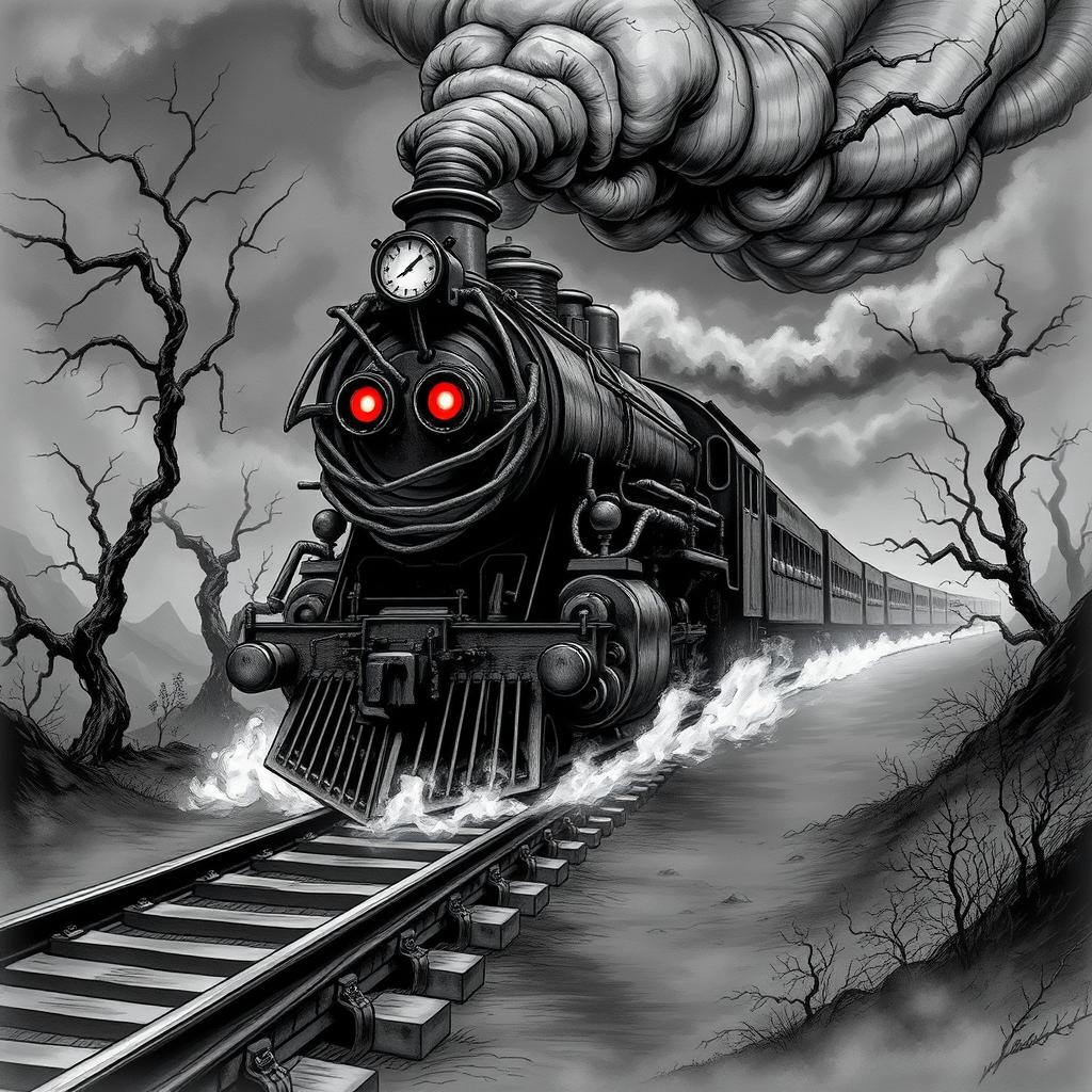 A haunting black and white illustration of a demonic train, featuring menacing twisted metal and eerie, glowing red eyes on the front of the locomotive