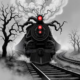 A haunting black and white illustration of a demonic train, featuring menacing twisted metal and eerie, glowing red eyes on the front of the locomotive
