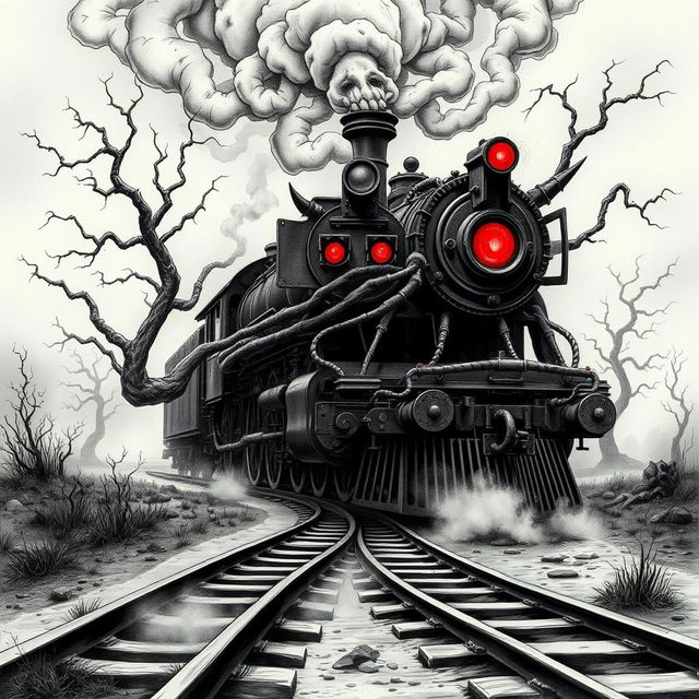 A haunting black and white illustration of a demonic train, featuring menacing twisted metal and eerie, glowing red eyes on the front of the locomotive