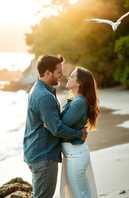 A romantic cove scene featuring a loving couple, embraced tenderly as they share a joyful moment