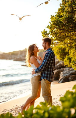 A romantic cove scene featuring a loving couple, embraced tenderly as they share a joyful moment