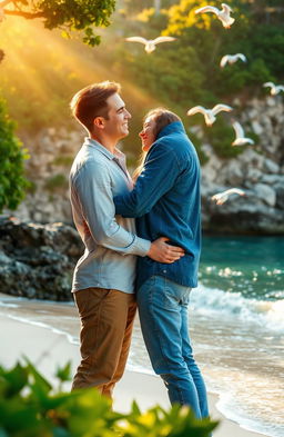 A romantic cove scene featuring a loving couple, embraced tenderly as they share a joyful moment