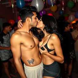 A sensual scene featuring Nushrat Bharucha at a lively house party, engaging in an intimate lap dance with her boyfriend