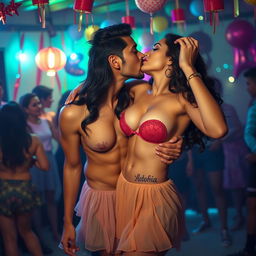 A sensual scene featuring Nushrat Bharucha at a lively house party, engaging in an intimate lap dance with her boyfriend