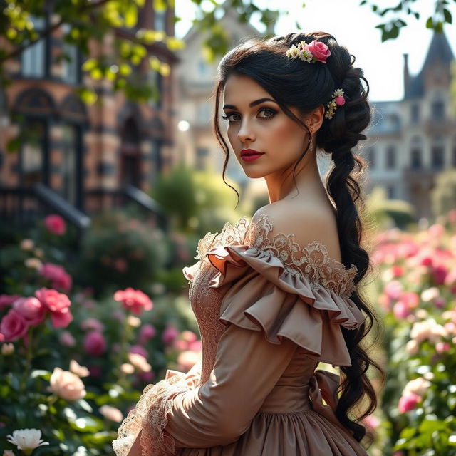 A beautiful Victorian woman dressed in an elegant, richly detailed gown with frills and lace, standing gracefully in a lush garden filled with blooming flowers