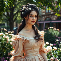 A beautiful Victorian woman dressed in an elegant, richly detailed gown with frills and lace, standing gracefully in a lush garden filled with blooming flowers