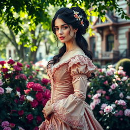 A beautiful Victorian woman dressed in an elegant, richly detailed gown with frills and lace, standing gracefully in a lush garden filled with blooming flowers
