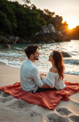 A beautiful, serene cove scene depicting a couple in love