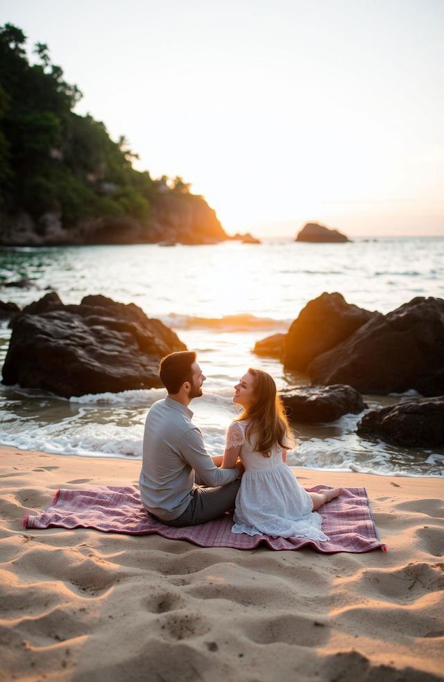 A beautiful, serene cove scene depicting a couple in love