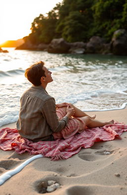 A beautiful, serene cove scene depicting a couple in love
