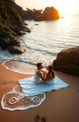 A beautiful, serene cove scene depicting a couple in love