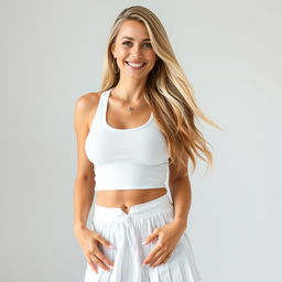 A wide photo of a 32-year-old woman with a triangle body shape, featuring long, flowing blonde hair styled beautifully