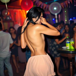 A sensual scene featuring Nushrat Bharucha at a lively house party, engaging in an intimate lap dance with her boyfriend
