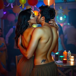 A sensual scene featuring Nushrat Bharucha at a lively house party, engaging in an intimate lap dance with her boyfriend