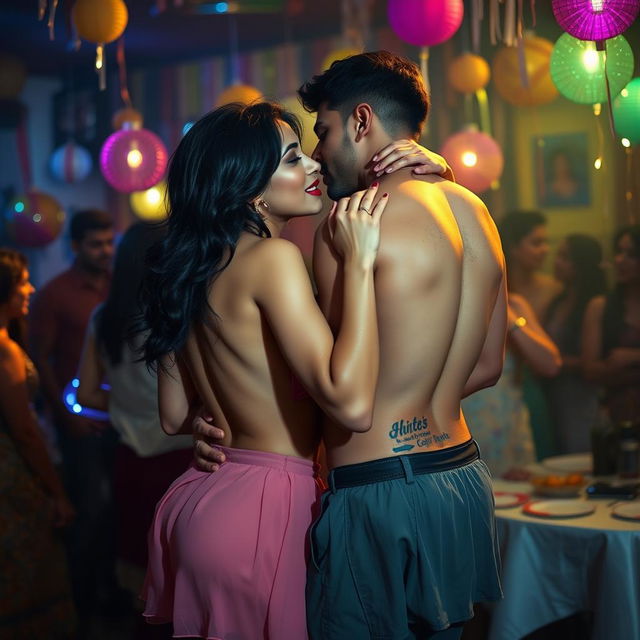 A sensual scene featuring Nushrat Bharucha at a lively house party, engaging in an intimate lap dance with her boyfriend