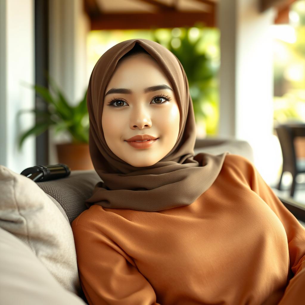 A hyperrealistic portrait of a beautiful Malaysian woman (gadis melayu cantik) wearing a hijab, casually reclining on a sofa