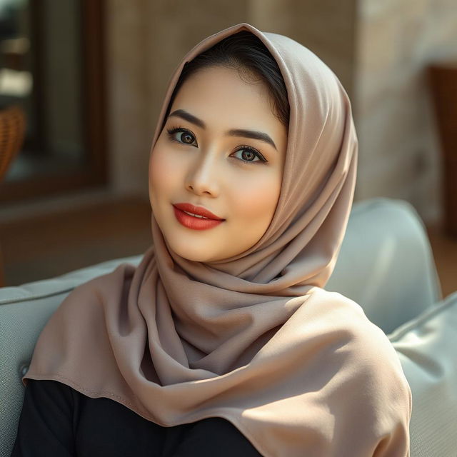 A hyperrealistic portrait of a beautiful Malaysian woman (gadis melayu cantik) wearing a hijab, casually reclining on a sofa