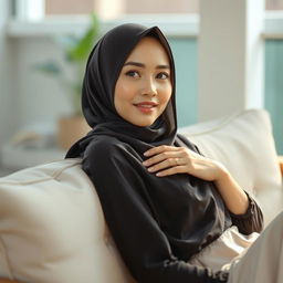 A hyperrealistic portrait of a beautiful Malaysian woman (gadis melayu cantik) wearing a hijab, casually reclining on a sofa