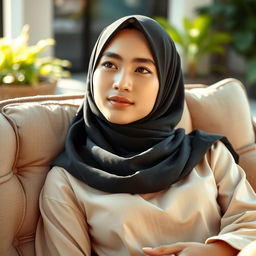 A hyperrealistic portrait of a beautiful Malaysian woman (gadis melayu cantik) wearing a hijab, casually reclining on a sofa