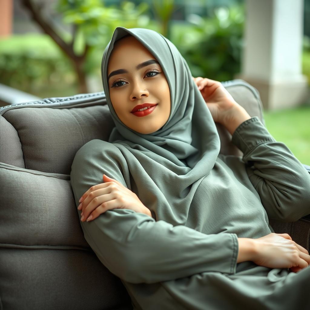 A hyper-realistic portrait of a beautiful Malay woman wearing a hijab and tudung, depicted with natural beauty in an outdoor setting