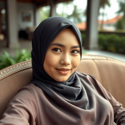 A hyper-realistic portrait of a beautiful Malay woman wearing a hijab and tudung, depicted with natural beauty in an outdoor setting
