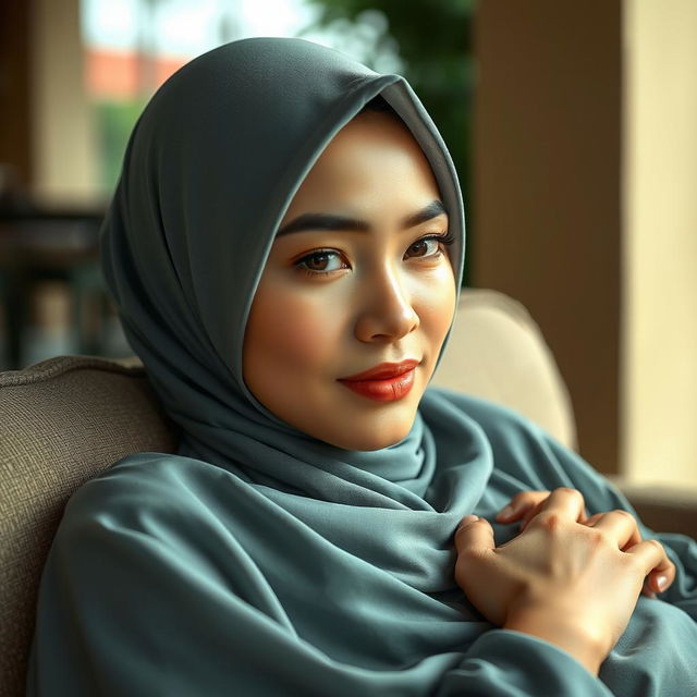 A hyper-realistic portrait of a beautiful Malay woman wearing a hijab and tudung, depicted with natural beauty in an outdoor setting