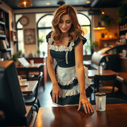 A sexy 19-year-old Australian maid wearing a sultry maid outfit with a frilly apron and stylish heels, cleaning a viewer's desk in a cozy coffee shop