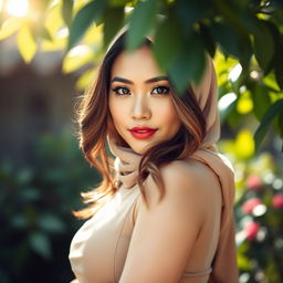 A stunning Malay woman with striking features, exuding confidence and charm