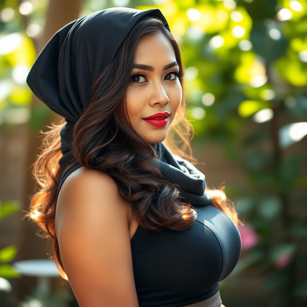 A stunning Malay woman with striking features, exuding confidence and charm