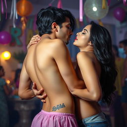 A sensual scene featuring Nushrat Bharucha as a college girl at a lively house party, engaging in an intimate lap dance with her classmate