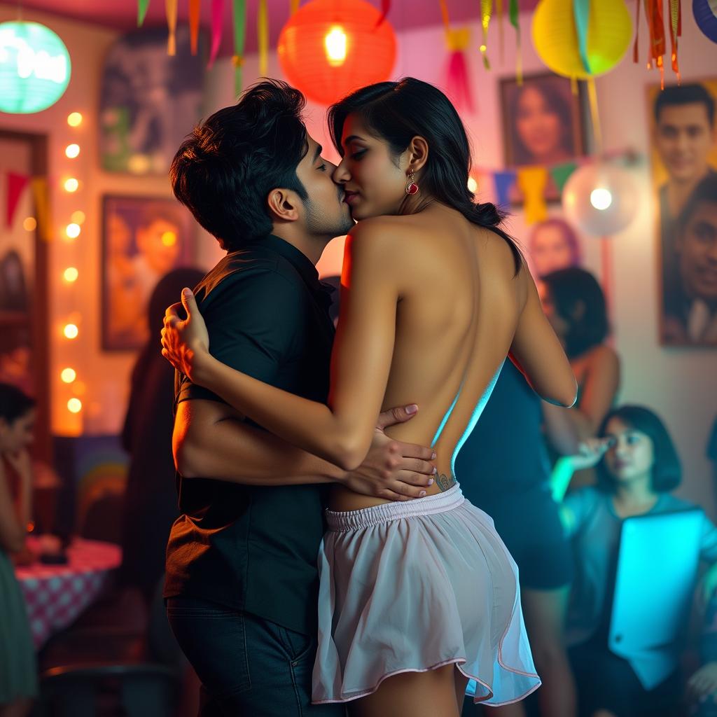 A sensual scene featuring Nushrat Bharucha as a college girl at a lively house party, engaging in an intimate lap dance with her classmate