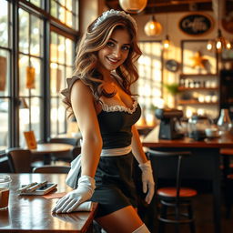 A sexy 19-year-old Australian maid with a fit and toned body, dressed in an alluring maid outfit that includes elegant gloves and knee-high socks