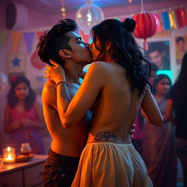 A sensual scene featuring Nushrat Bharucha as a college girl at a lively house party, engaging in an intimate lap dance with her classmate