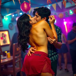 A sensual scene featuring Nushrat Bharucha as a college girl at a lively house party, engaging in an intimate lap dance with her classmate