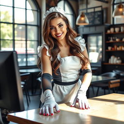 A sexy 19-year-old Australian maid with a fit and athletic body, dressed in a sultry maid outfit featuring long gloves and knee-high socks