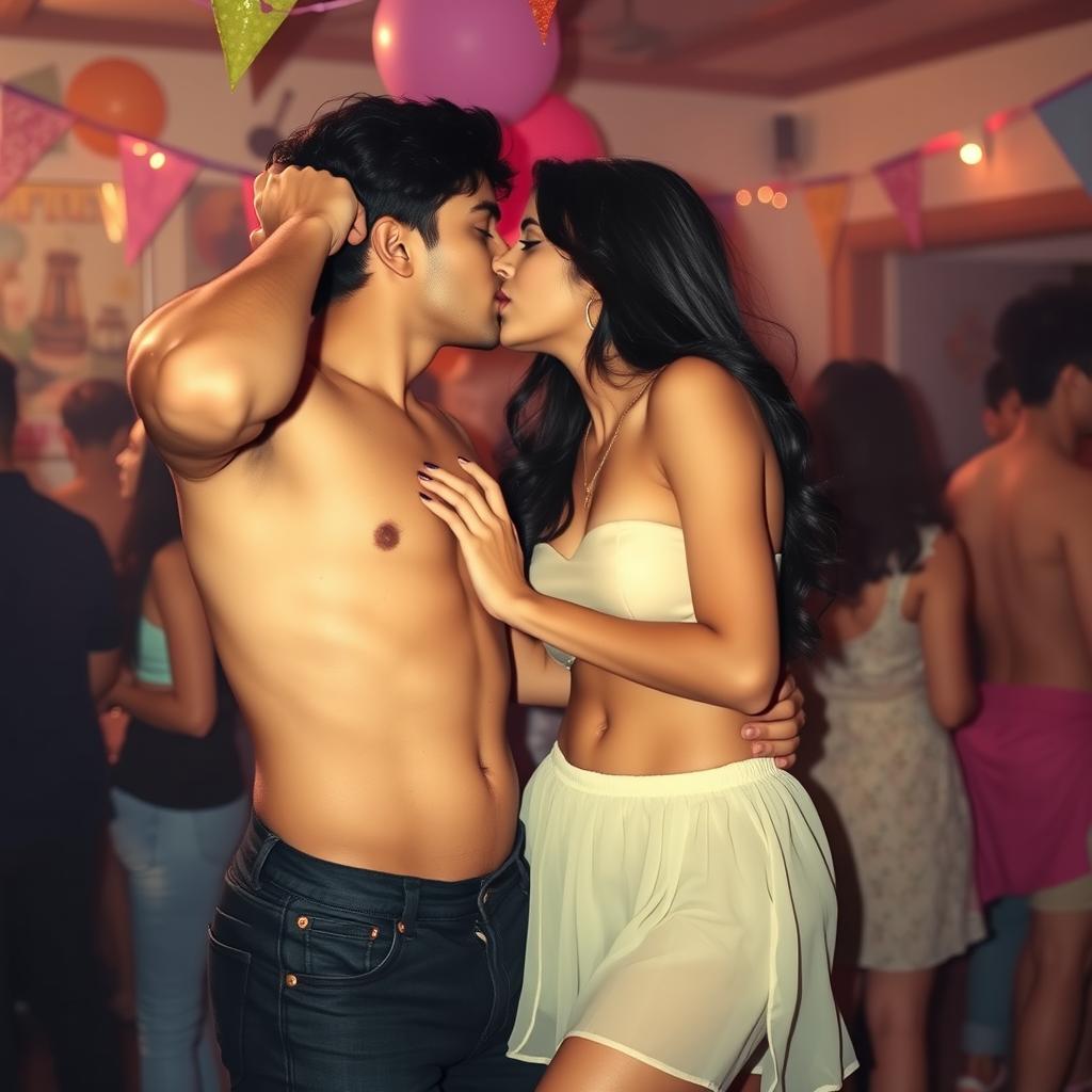 A sensual scene featuring Nushrat Bharucha as a college girl at a lively house party, engaging in an intimate lap dance with her classmate