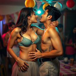 A sensual scene featuring Nushrat Bharucha as a college girl at a lively house party, engaging in an intimate lap dance with her classmate