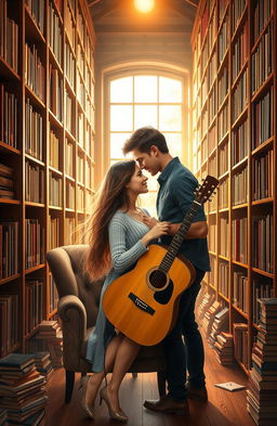 A romantic book cover featuring a couple embracing inside a cozy library