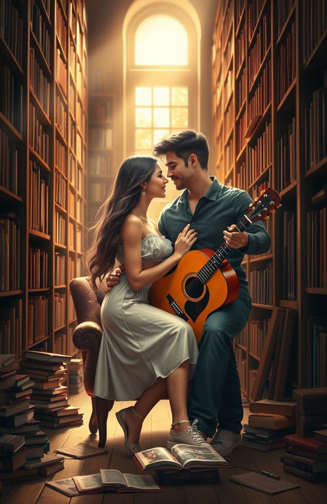 A romantic book cover featuring a couple embracing inside a cozy library