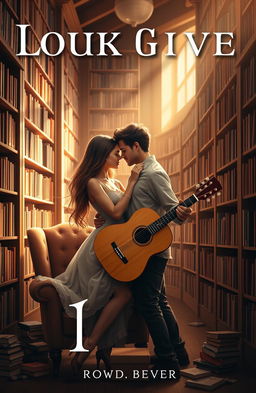 A romantic book cover featuring a couple embracing inside a cozy library