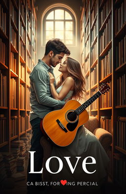 A romantic book cover featuring a couple embracing inside a cozy library